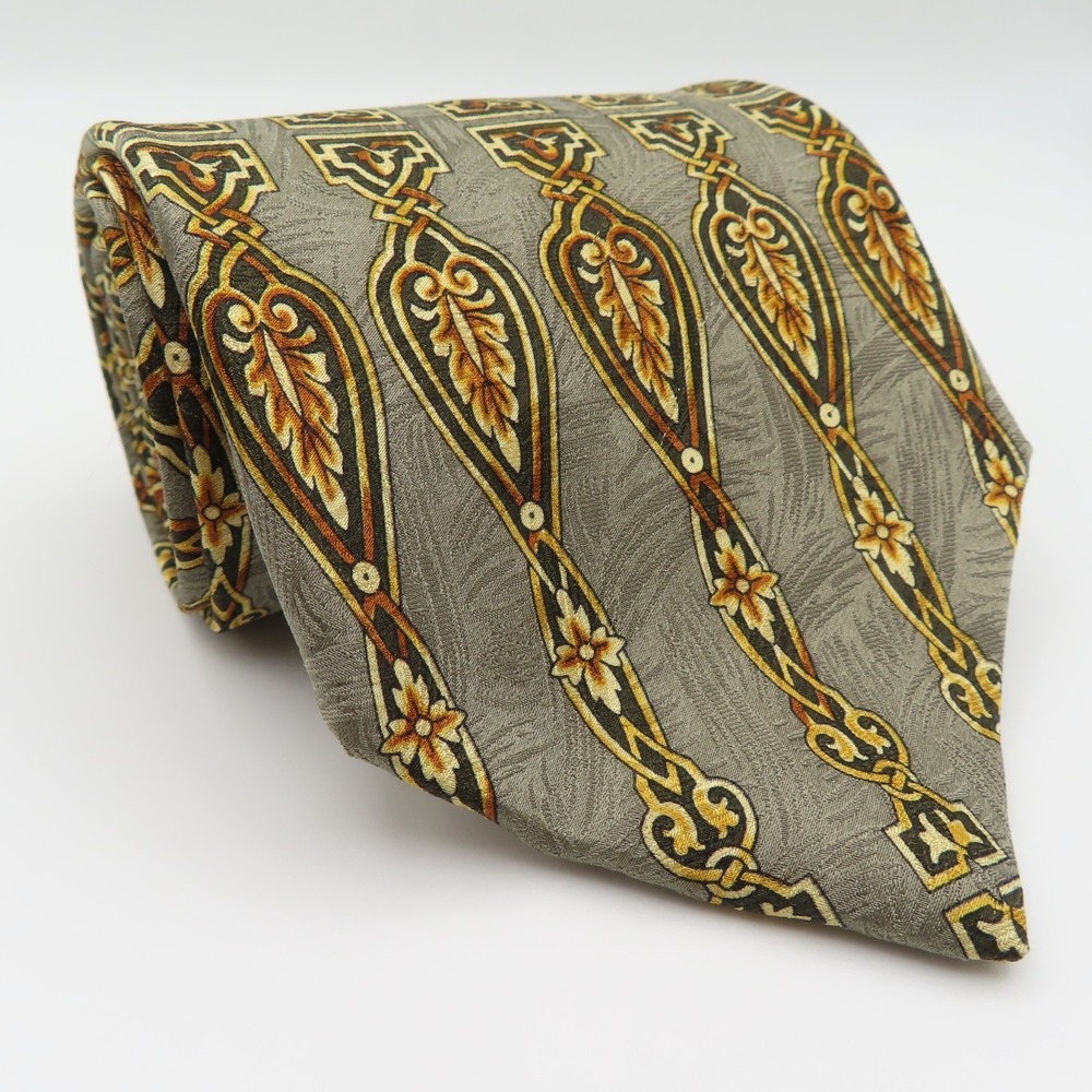 Pierre Balmain Tie Silk Gray Gold Baroque 4" Wide 57" Long Italy